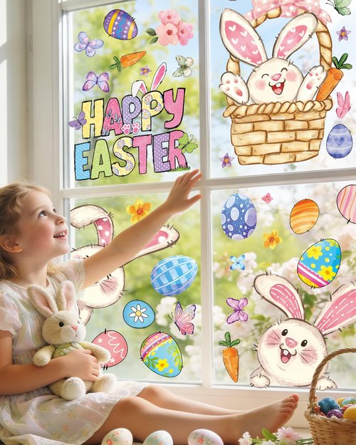 JMHACHY Easter Window Clings - 9 Sheets 103 Pcs Reusable Easter Bunnies Decorations for Home Office, Rabbits Eggs Stickers for Glass, Double-Sided Large Window Decals