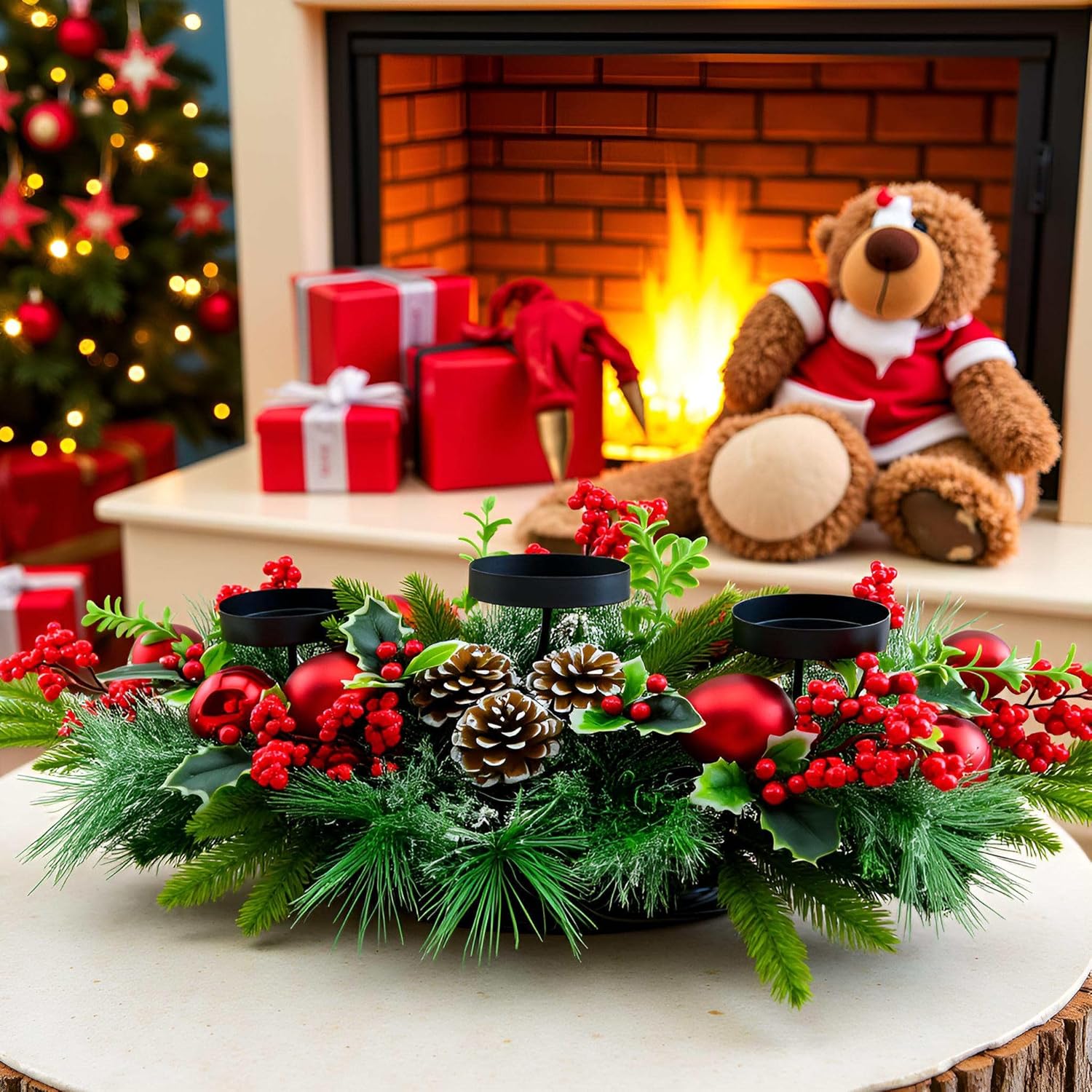 YULETIME 28" Christmas Triple Candelabrum - Festive Candle Holder with Red Baubles & Natural Pine Decor