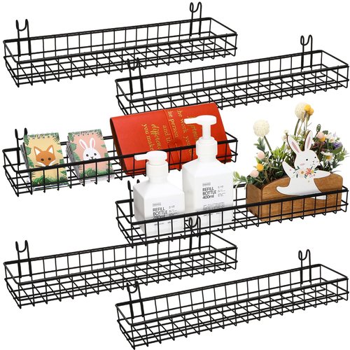 Blulu 6 Pcs Black Wire Baskets Hanging Wire Basket with Hooks Black Wall Grid Panel Metal Wall Basket Organizer for Storage Bathroom Plants Kitchen