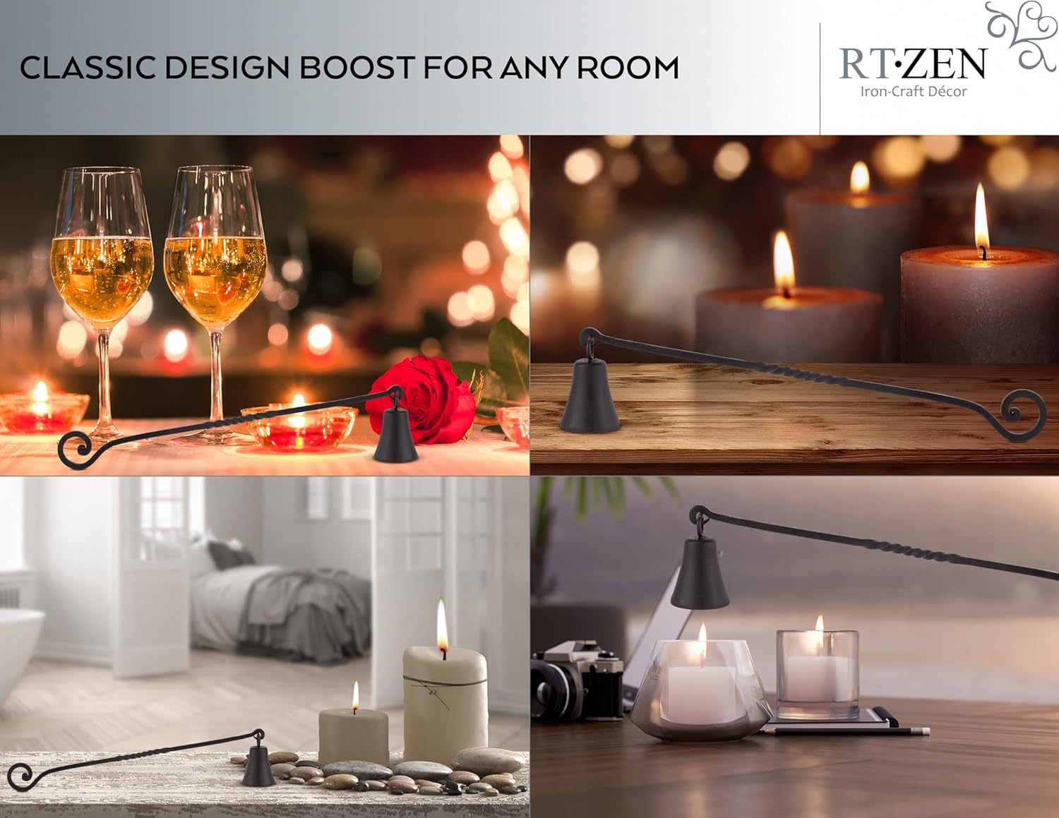 RTZEN Antique Bell Candle Snuffer - Handcrafted Wrought Iron Extinguisher with Long Handle | Unique Black Matte Decor Gift