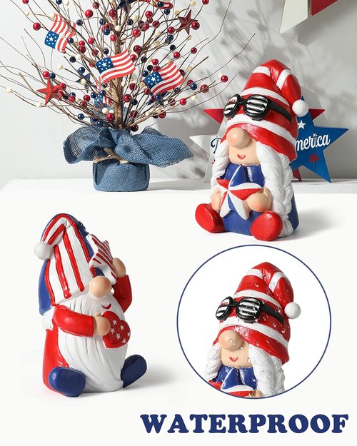 iStatue 4th of July Gnomes - Set of 2 Resin Patriotic Gnomes with American Flag - Perfect Independence Day Decor