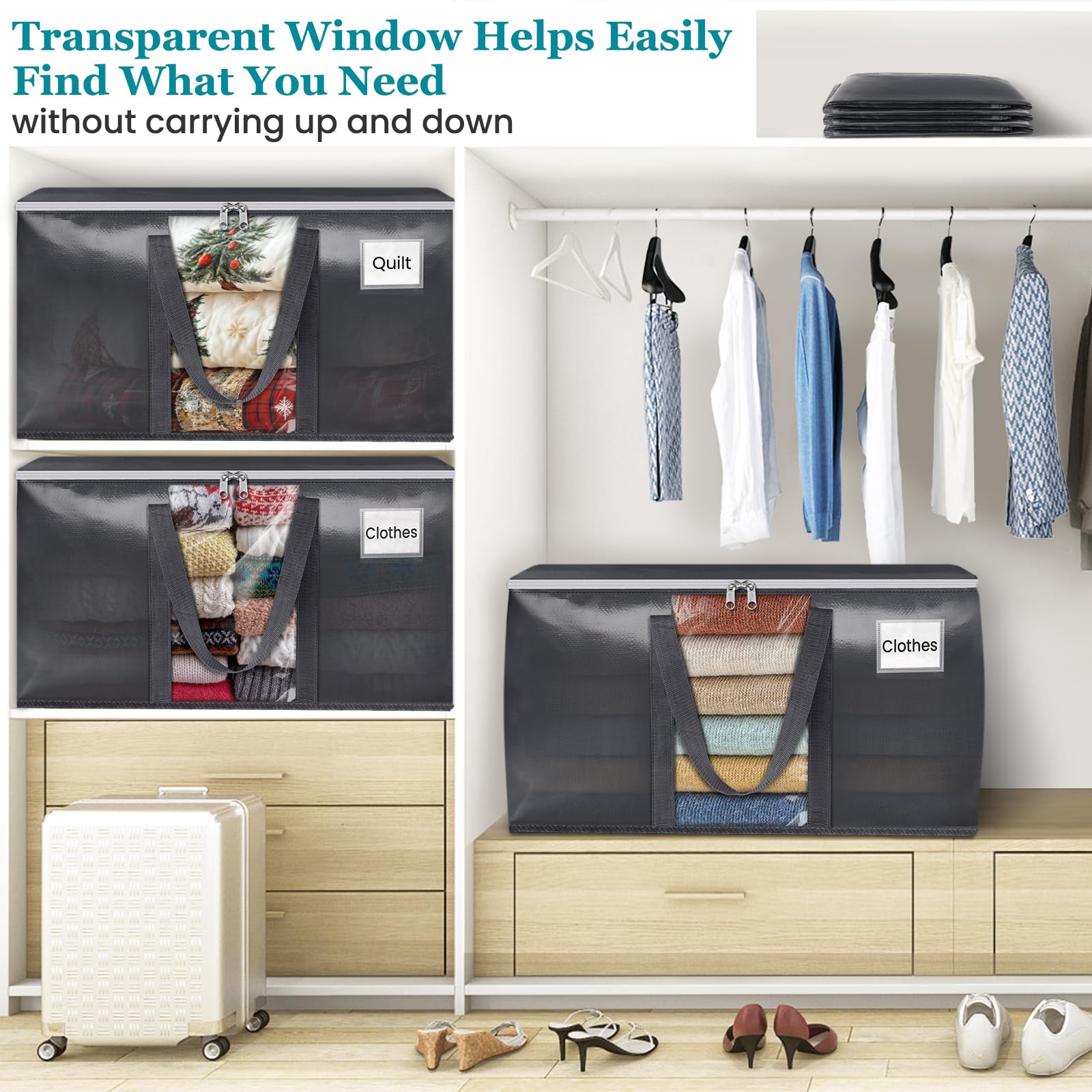 HomeHacks 10 Pack Extra Large Moving Bags with Visual PVC Window & Zippers, Storage Totes with Reinforced Handles, Heavy Duty Storage Bags for Packing, Moving, Storage (125L,Grey)