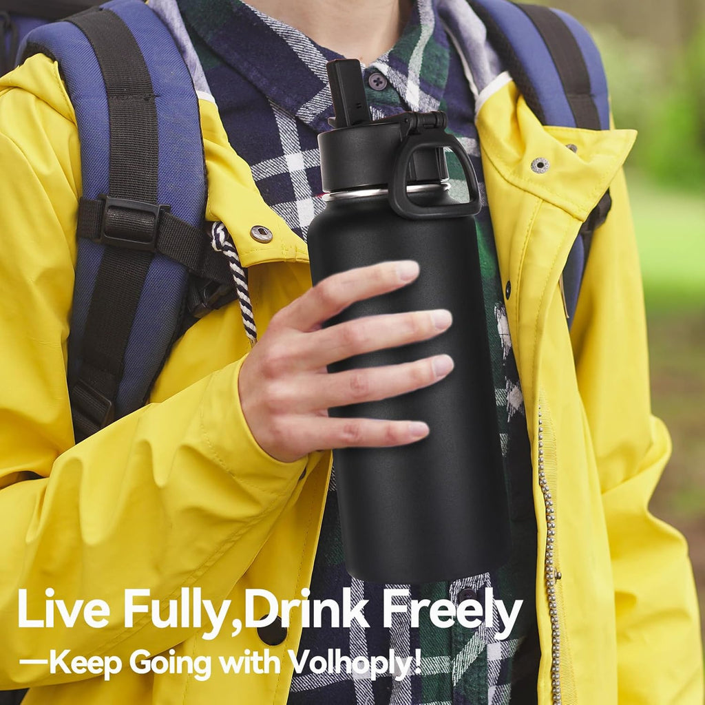 Volhoply 32 Oz Insulated Water Bottles - 4 Pack with Straw & Spout Lids | Leakproof Stainless Steel Flasks for Hiking & Camping
