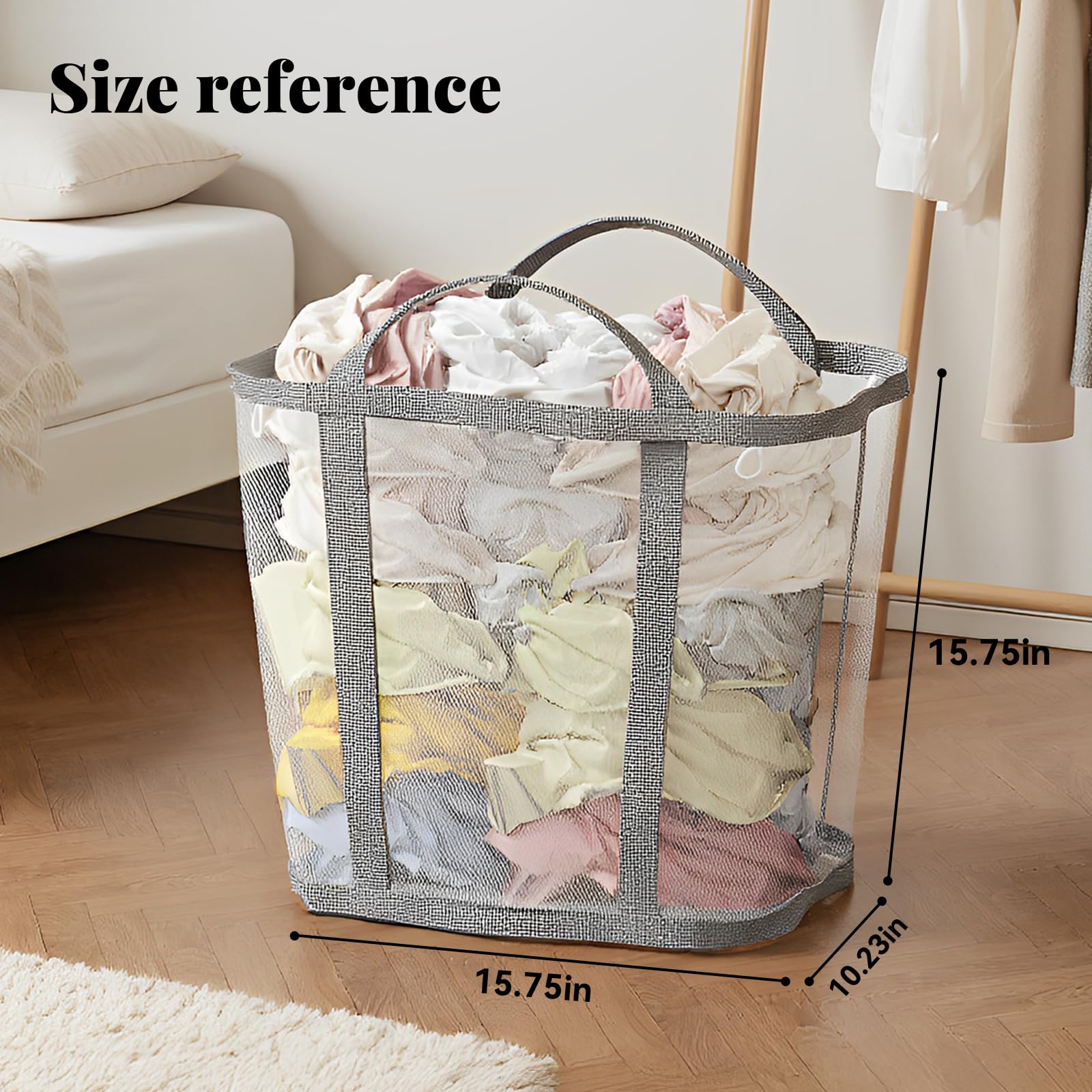 Portable Laundry Hamper (11 Gallon), Mesh Laundry Tote with 4 Hanging Cords&Sturdy Handles, Foldable Large Capacity Laundry Basket for Bathroom, Dorm, Bedroom or Travel