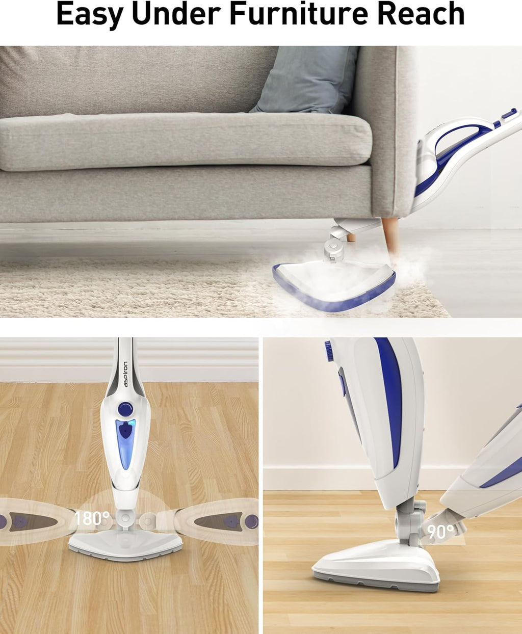 Skiennix 12-in-1 Steam Mop - Fast 15-Sec Heat-Up, 1500W Handheld Cleaner with 2 Dirt Grip Pads | Removes 99.99% Stains for Hardwood, Windows, Tiles, and More - White