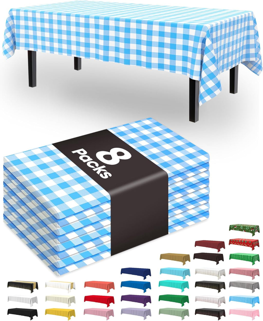 Pureegg Disposable Table Cloths - 8 Pack Gingham Design, 54 x 108 Inch, Leakproof & Sturdy, Blue Checkered