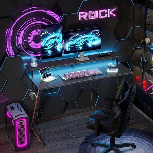 TIQLAB Gaming Desk with Power Outlets & LED 40 Inch Ergonomic Computer Carbon Fiber Surface Gamer Desk, Large Monitor Stand, Headphone Hook, PC Workstation for Bedroom, Black
