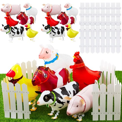 Soulchen 16 Pcs Adopt a Farm Animal Party Favor Include 12 Walking Animals Balloons and 4 Picket Fence Cutouts for Farm Theme Birthday Gifts Baby Shower Photography Party Decorations