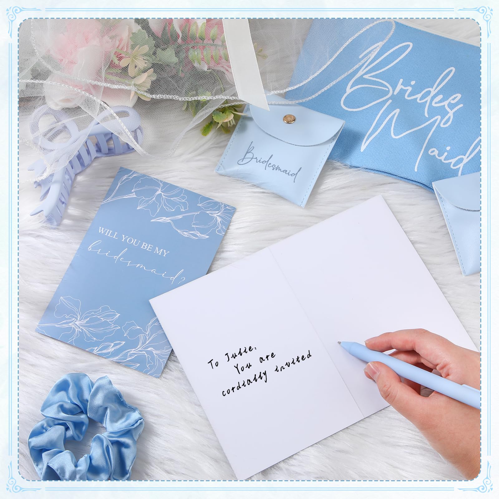 Didaey 42 Pcs 6 Sets Bridesmaid Proposal Gifts, Wedding Favors for Bridesmaids & Maid of Honor Ceramic Coffee Mugs Makeup Bags Invited Cards Scrunchies Bracelets Jewelry Bags Hair Clips(Blue)