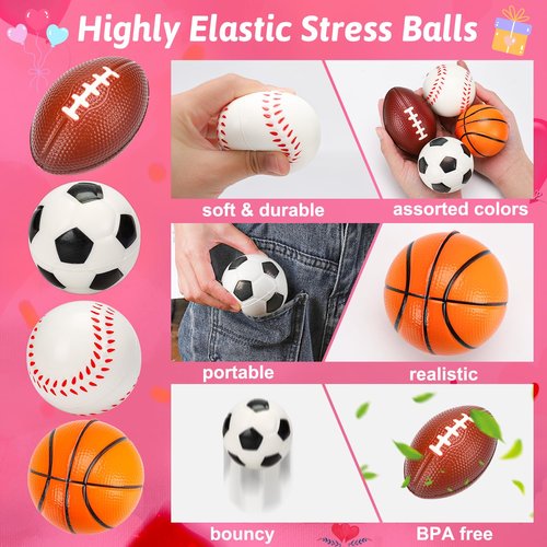 24PCS Sports Stress Balls Valentines Day Cards for Kids School Classroom Boys Girl Toddler Valentine Day Exchange Gifts Card Basketball Football Soccer Valentine’s Party Favors Prize Treat Bag Stuffer