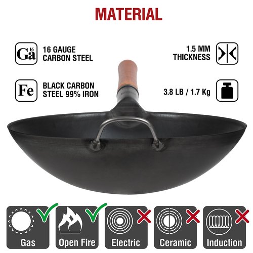 YOSUKATA 14" Carbon Steel Wok with Round Bottom – Pre-Seasoned Pow Wok for Stir Fry – Traditional Chinese Japanese Black Steel Pan – Outdoor Cookware for Gas Stovetops, Open Fire, BBQ, Camping