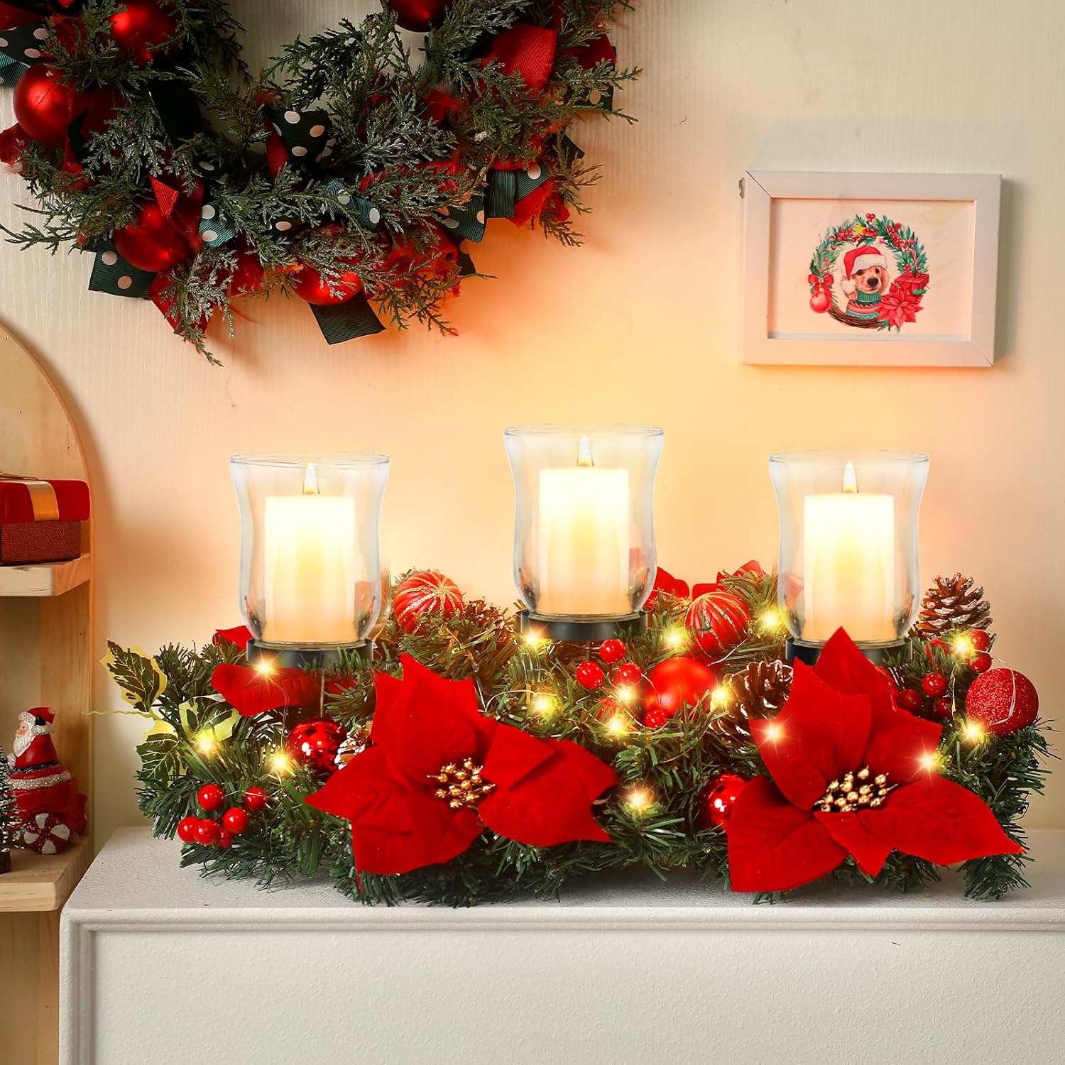 Sliner Christmas Candle Holder - Elegant Poinsettia Glass Centerpiece for Holiday Table Decor