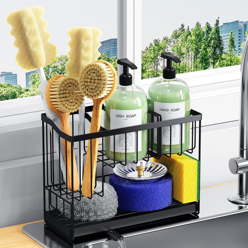 DYFVPOU Kitchen Sink Caddy, 2-Tier Self-Draining Sponge & Dish Brush Holder, Rustproof 304 Stainless Steel Space-Saving Organizer with Drying Tray, Black