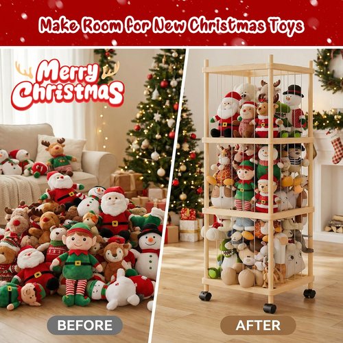 Subbox Stuffed Animal Storage and Holder - Large Size Wooden Animals Zoo Toy Organizer with Elastic Bands, Swivel Wheels and Castle Stickers, For Toddler Rooms, Playrooms, Bedrooms(58x16x16inch)