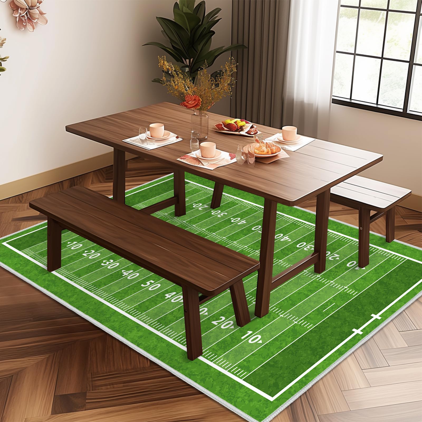 Green Area Rug 4x6,Football Field American Sports Green Lawn Sport Game Team Competition,Ultra-Thin Washable Throw Carpet Indoor Non Slip Accent Floor Carpets for Bedroom,Living Room,Dining Room