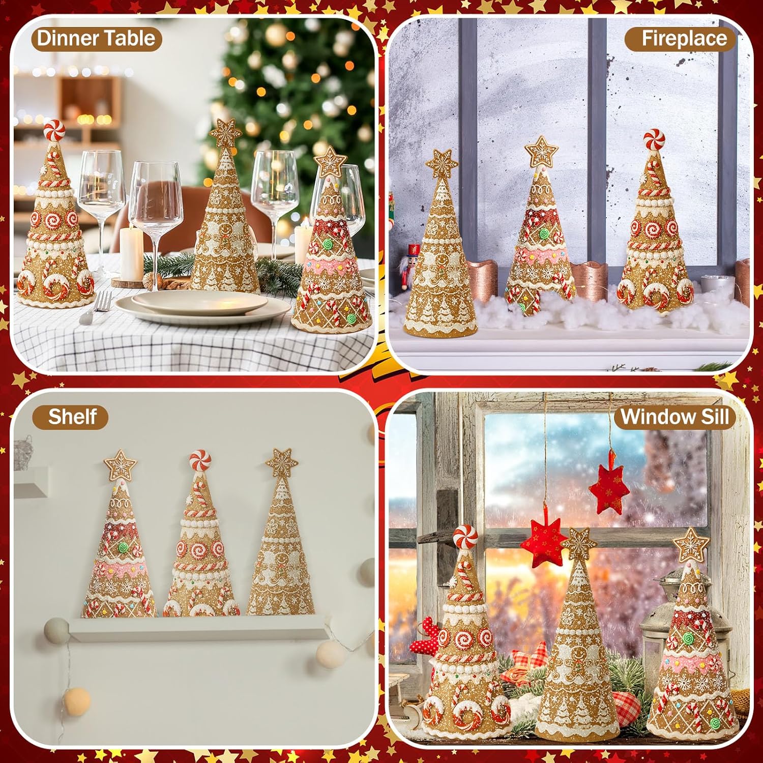 Simgoing Gingerbread Christmas Tree Figurines - 3 Pack Resin Tabletop Decorations for Holiday Centerpieces