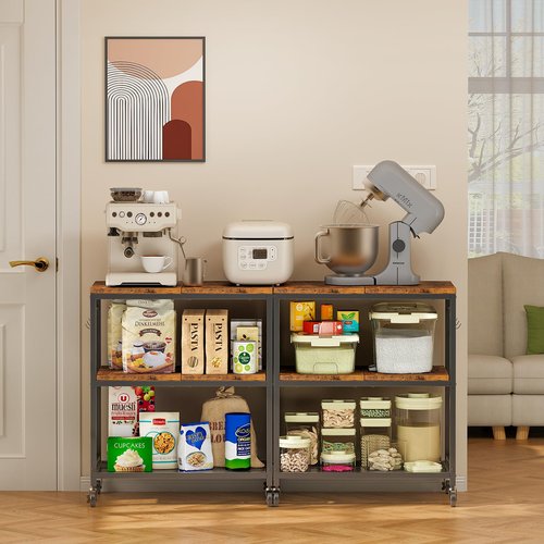 NEHAJUNXI 3 Tier Rolling Kitchen Microwave Cart with 6 Hooks, Utility Cart Storage Table Stand on Lockable Wheels, Small Coffee Shelf Rack Organizer,Brown