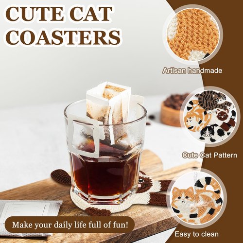 OT-NVWOZR Cute Cat Coasters for Desk, Funny Woven Coaster for Decoration, Creative Gifts for Cat Lovers, Crochet Insulation Knitted Coasters for Coffee Tea Table Desktop Protection (4, Style B)