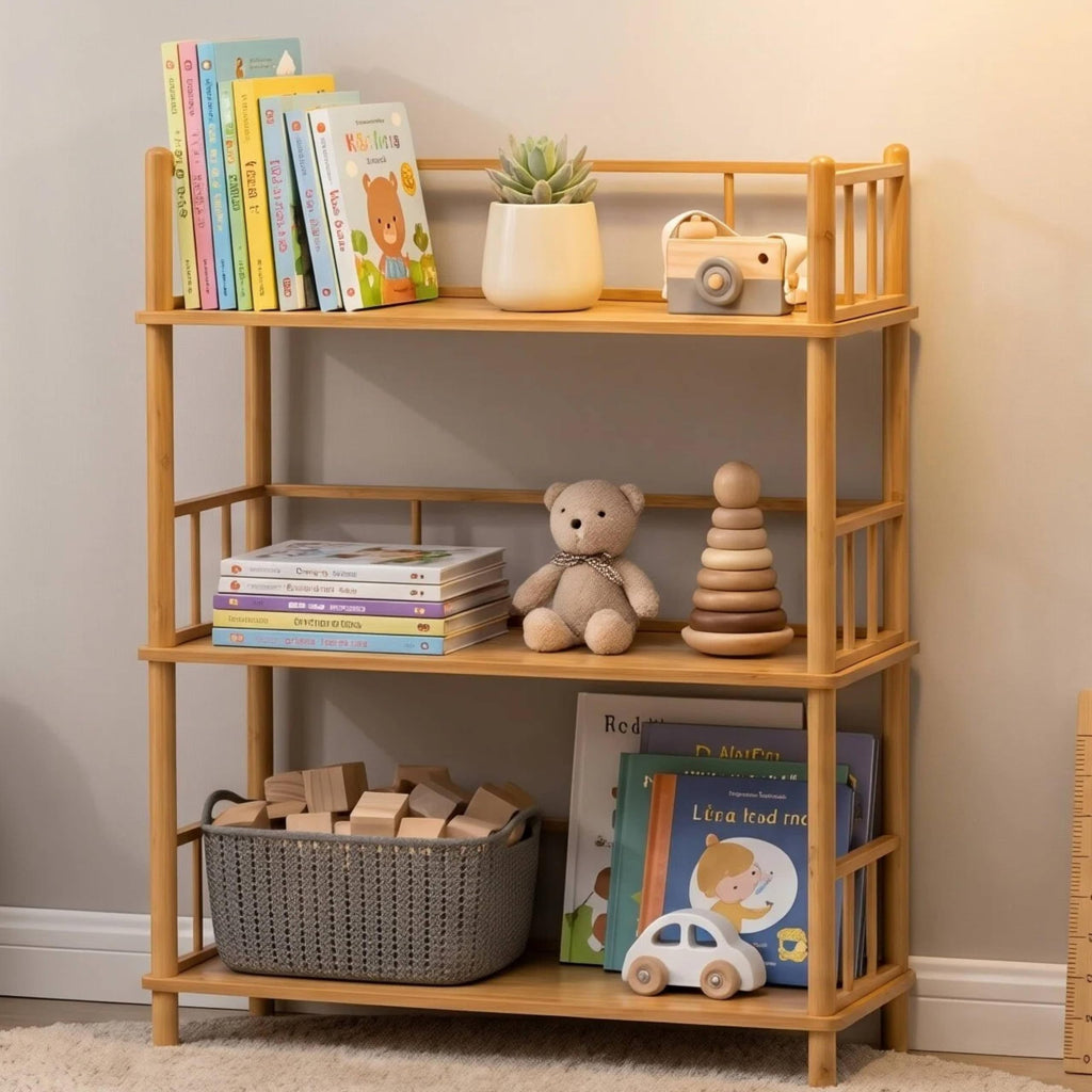 GOGOGO 2-Tier Expandable Bamboo Bookshelf - 150LBS Heavy-Duty, Tool-Free Assembly, Multifunctional Storage for Bathroom/Kitchen/Office Holder Plant Flower Stand (1, Natural, 3-Tier Short)
