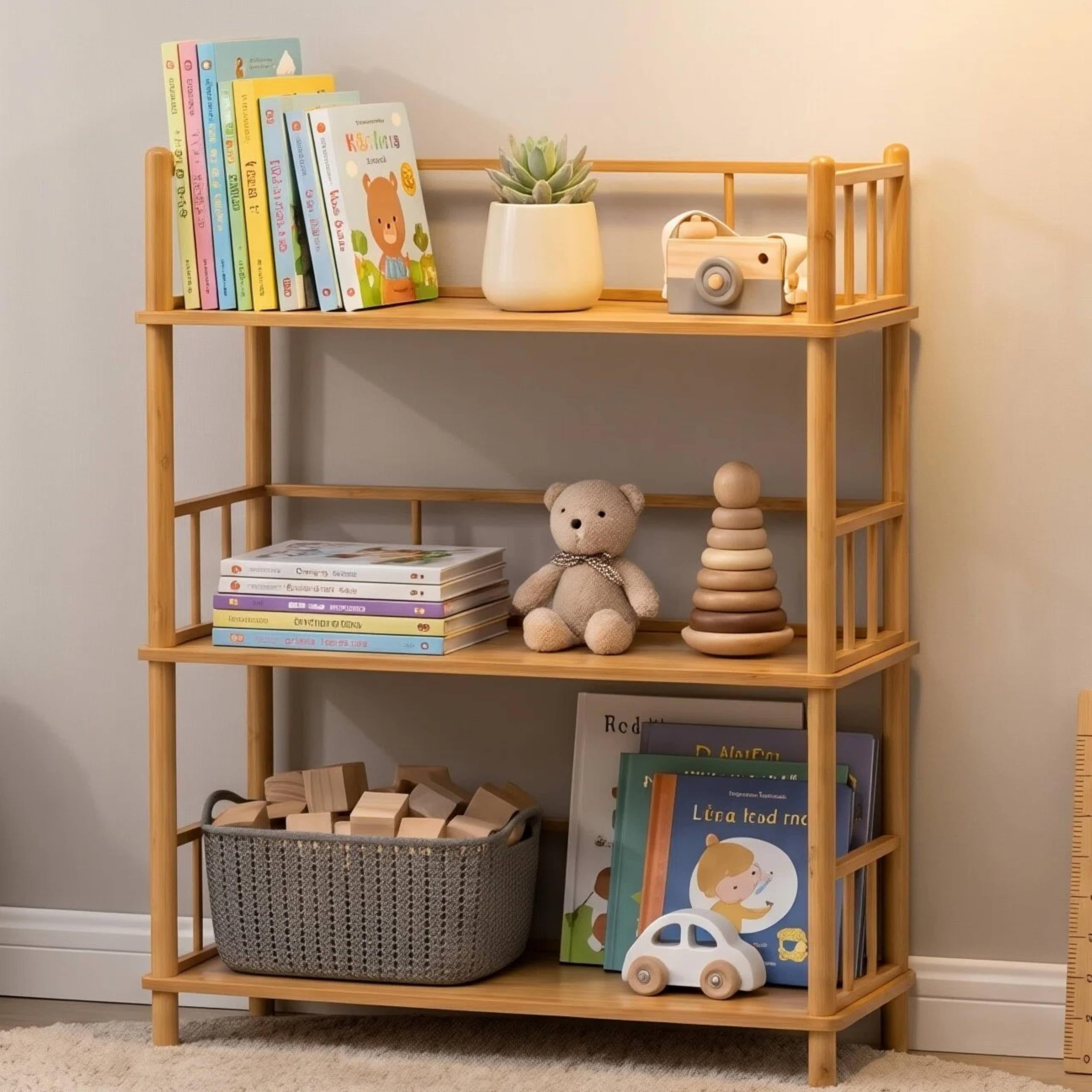 GOGOGO 2-Tier Expandable Bamboo Bookshelf - 150LBS Heavy-Duty, Tool-Free Assembly, Multifunctional Storage for Bathroom/Kitchen/Office Holder Plant Flower Stand (1, Natural, 3-Tier Short)