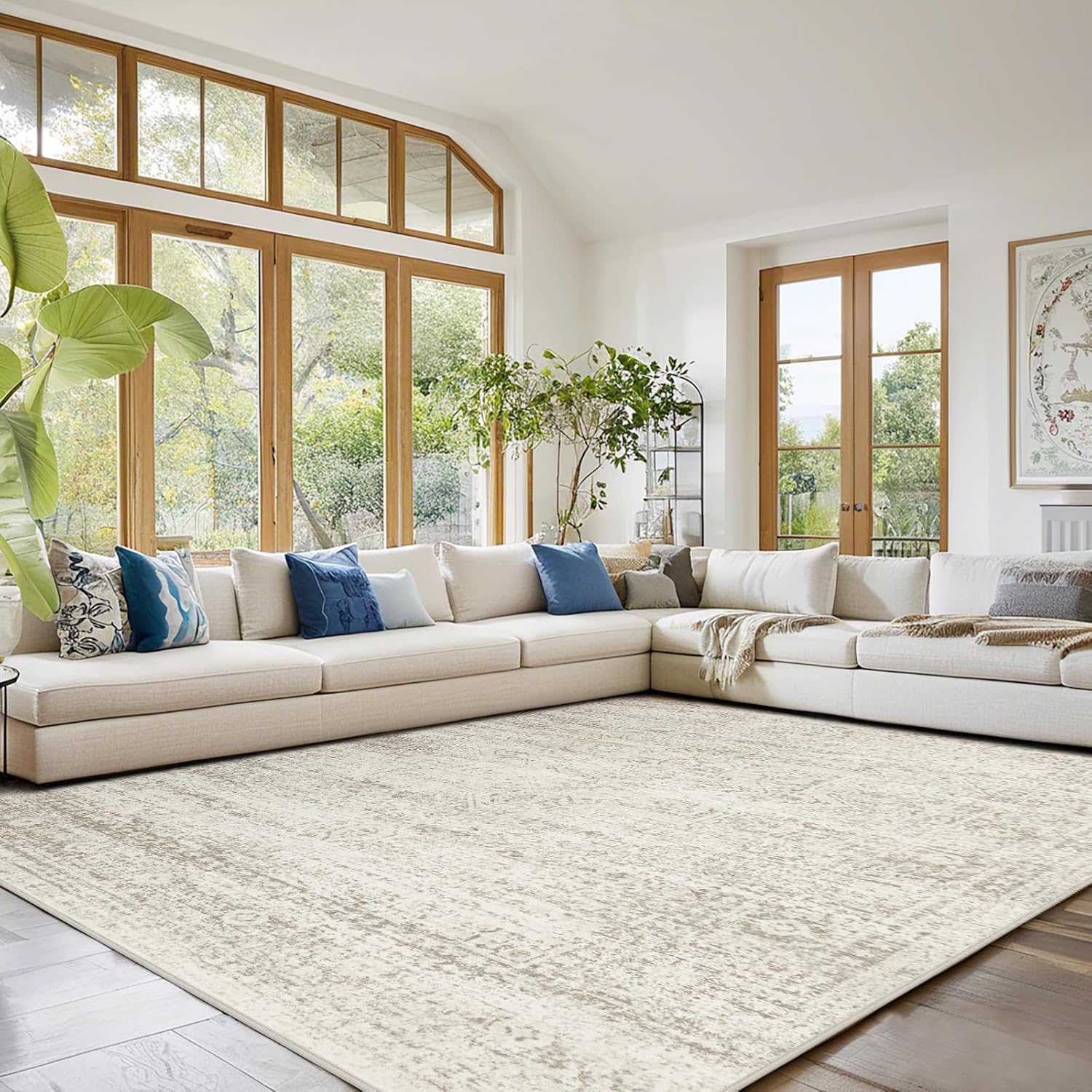 Srugn Washable Area Rugs - Ultra Soft Faux Wool 10x14 for Living Room & Bedroom | Non-Slip Vintage Design