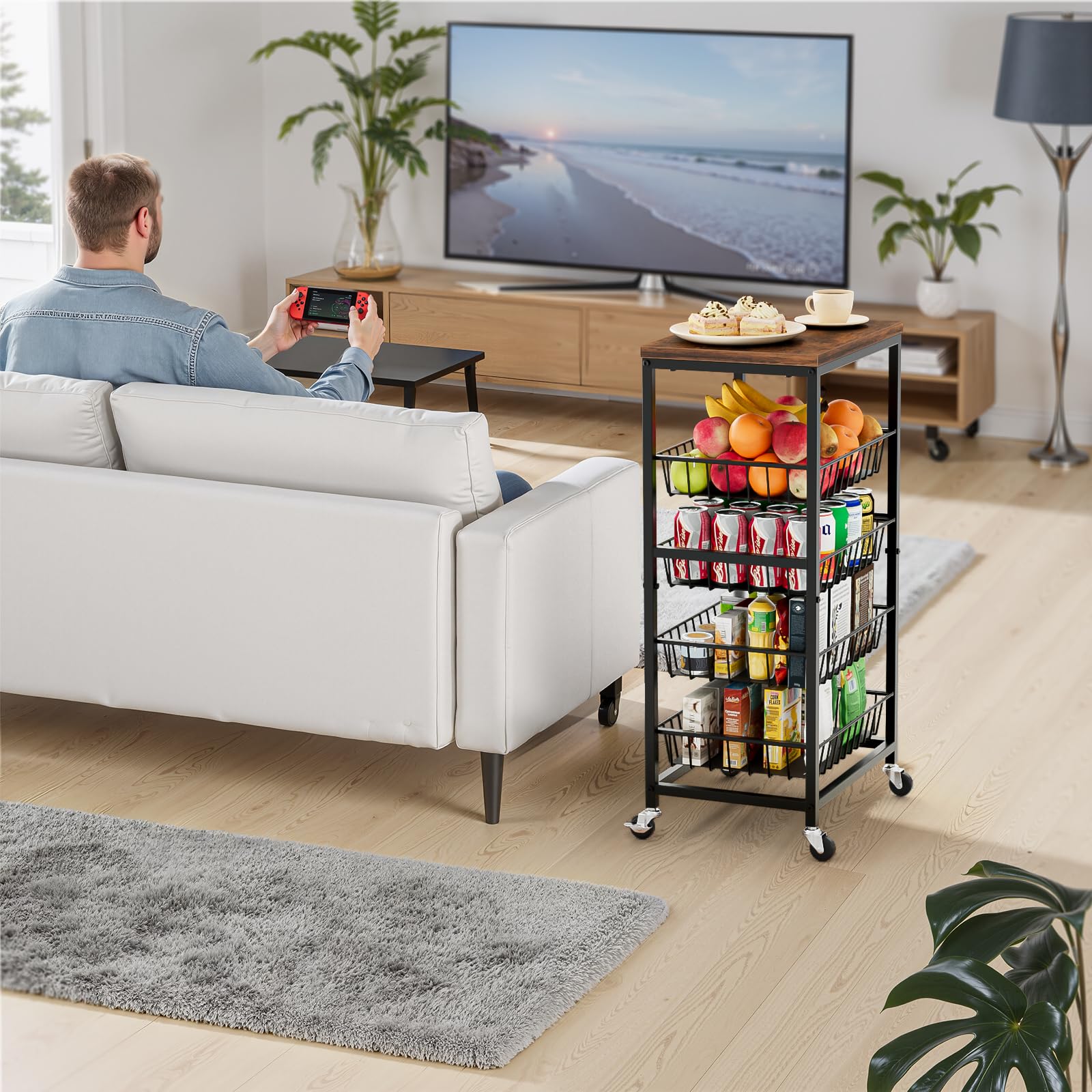Venkuber Fruit Vegetable Cart, 4-Tier Snack & Kitchen Cart on Wheels with Storage, Pull-Out Baskets & Wood Top, Rolling Organizer for Pantry, Living Room (Brown)