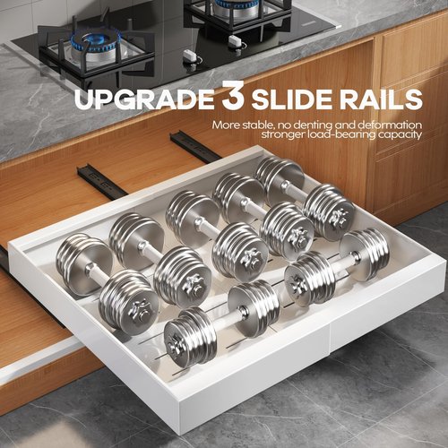 Seinloes 2 Pack Expandable (15.1"-26.3") Pull Out Cabinet Organizer 21" Deep With Raising Pad for Framed Cabinets,Upgrade 3 Slide Rails Slide Out Drawers,No Drill Roll Out Shelves Adhesive,White