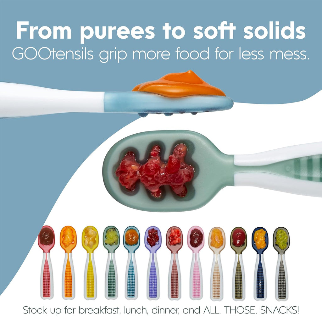 NumNum Baby Spoons Set - Silicone GOOtensils for Baby Led Weaning | Teething Spoon with Travel Case - Blue/Navy