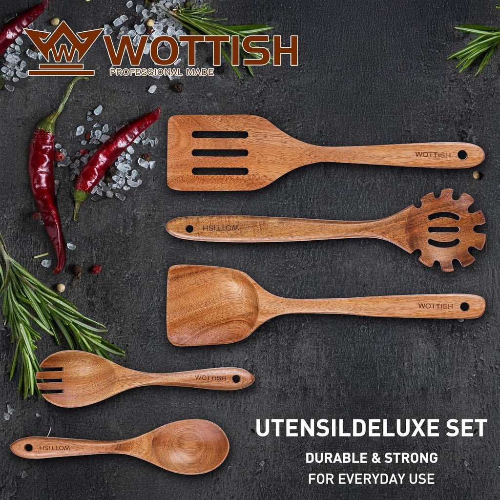 Skiennix Wooden Cooking Spoons - 5-Piece Natural Solid Wood Utensil Set | Includes Salad Spoons, Strainer, Fork & Spatula