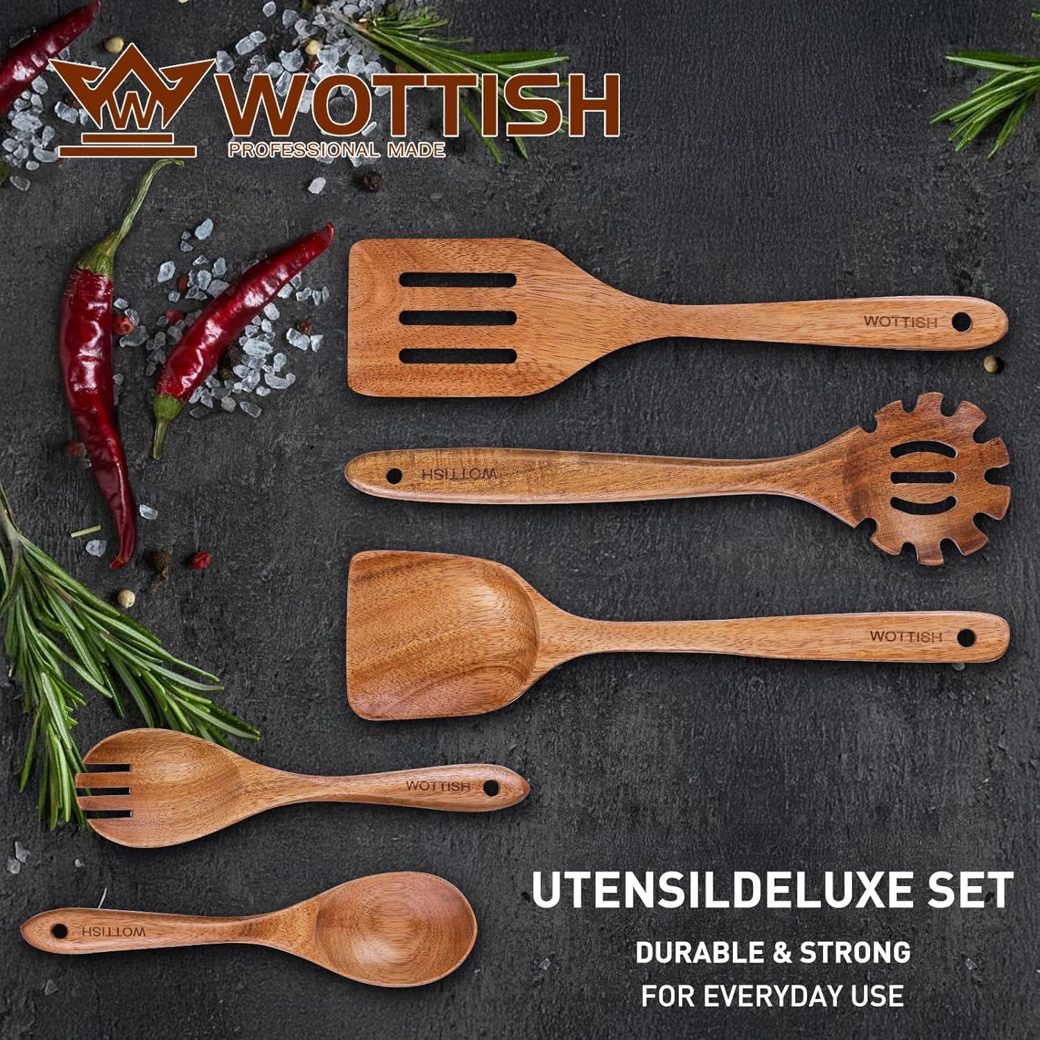 Skiennix Wooden Cooking Spoons - 5-Piece Natural Solid Wood Utensil Set | Includes Salad Spoons, Strainer, Fork & Spatula