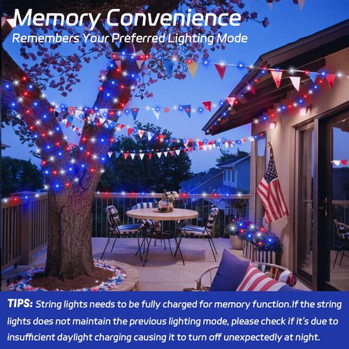 cshare Red White and Blue Solar Fairy Lights, 4th of July Lights Waterproof Outdoor 16.4ft 50LED 8 Modes Memory Function Independence Day Memorial Day Decorations
