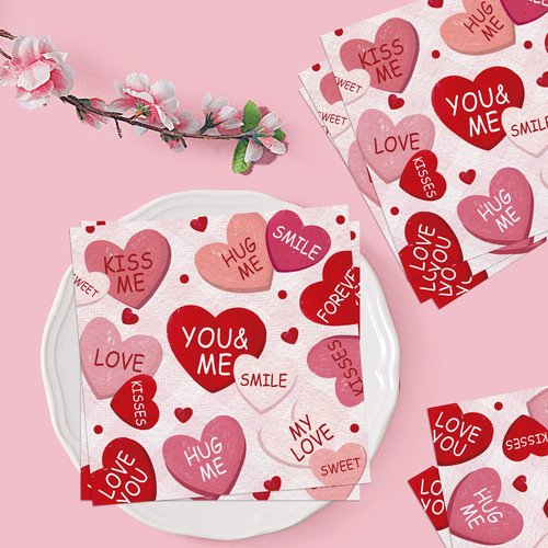 100 Pcs Valentines Day Napkins, Conversation Hearts Party Napkins, Sweet Candy Heart Table Decor for Valentine Dinner Bridal Shower Party Supplies