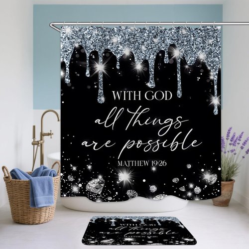 4 Pcs Black Silver Diamonds Shower Curtain Set with Rugs and Toilet Lid Cover, Black White Bible Verse Waterproof Fabric Bathroom Set, Christian Scripture Shower Curtain Bathroom Decor Set Accessories