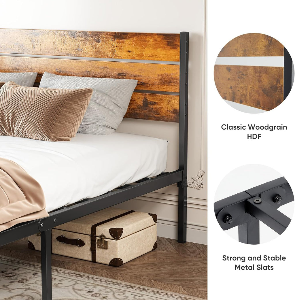 Sweetcrispy Queen Size Bed Frame - Sturdy Metal Support, Under Bed Storage, Easy Assembly | Rust Brown