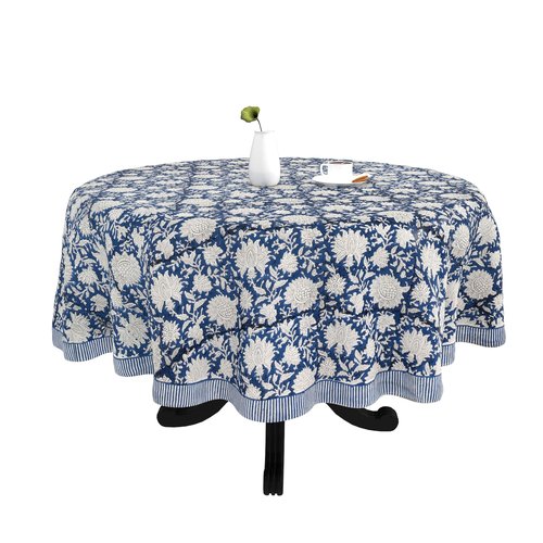 FYNITE Classic Indigo Vine Tablecloth | 90" Inches Round | 100%Cotton | Hand Block Print | Washable | Farmhouse & Fall Decor | Table Cover for Halloween | Thanksgiving | Christmas | Wedding | Parties