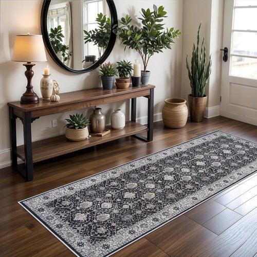 Hallway Washable Runner Rug - Vintage Soft Non-Slip Indoor Carpet for Kitchen & Entryway (2x6, Black)
