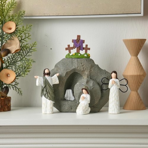 Easter Resurrection Scene with LED Lighting, Resin Empty Tomb Easter Scene for Christian Decoration, Battery Powered Religious Display with Timer, Home Office Tabletop Tray, Church, Shelf Decor