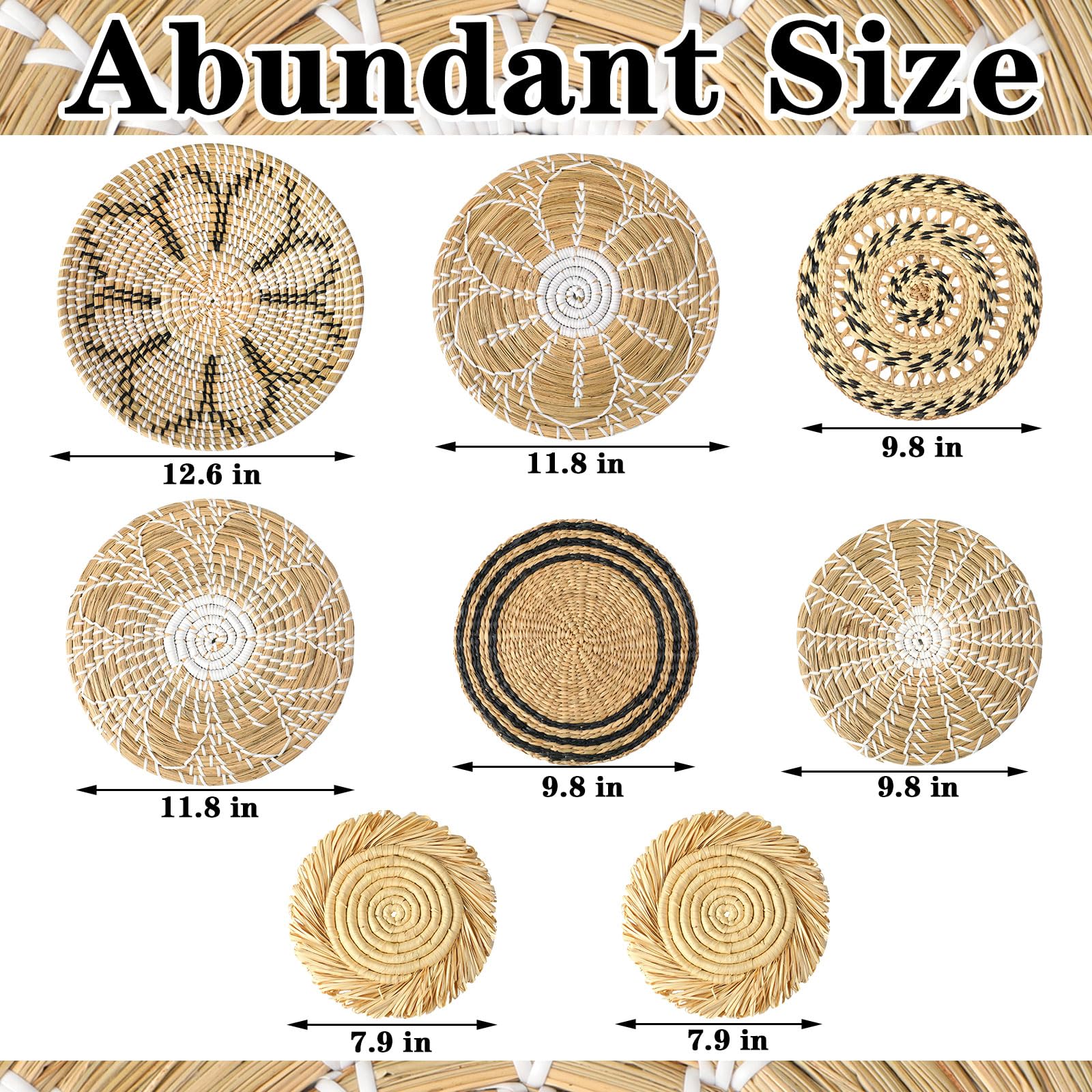 Xuhal 8 Pcs Boho Wall Basket Decor Decorative Bulrush Woven Basket Wall Decor Rustic Farmhouse Hanging Baskets for Kitchen Rustic Home Summer Decorations