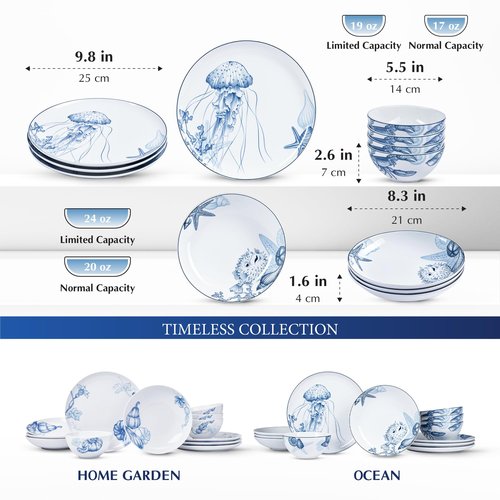Minh Long 12-PCS Porcelain Coastal Dinnerware Set, Plates, Bowls, Service for 4, Chip & Scratch Resistant, Oven Safe up to 482°F, Non toxic, Lead & Cadmium Free, Stackable, Dishwasher & Microwave Safe