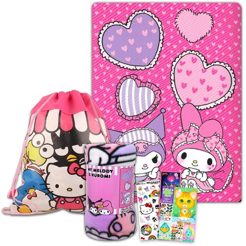 Hello Kitty Fleece Blanket Sleepover Set for Girls - Bundle with 45x60 Inch My Melody Throw Blanket, Drawstring Bag, Stickers and More | Hello Kitty Overnight Pack