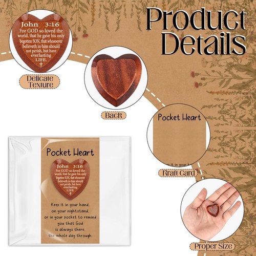Leinuosen 50 Set Christian Gifts John 3: 16 Pocket Hug Heart Token Wooden Bible Verses Token with Prayer Cards for Church Supplies Sunday School (Dark Brown)