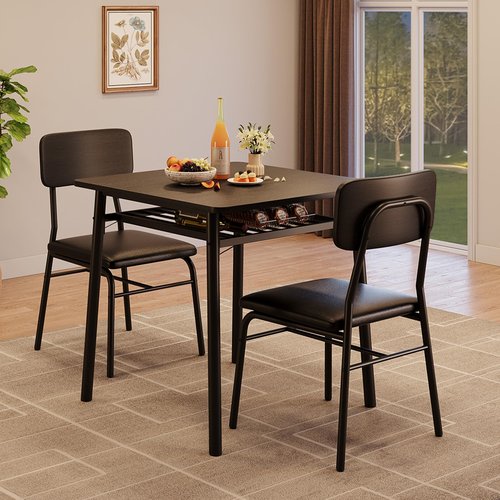 IDEALHOUSE 3-Piece Dining Table Set for 2 with Storage Rack, Wood Kitchen Table with Upholstered Chairs Set of 2, Small Square Table Set with Metal Legs Support, for Dining Room, Living Room, Black