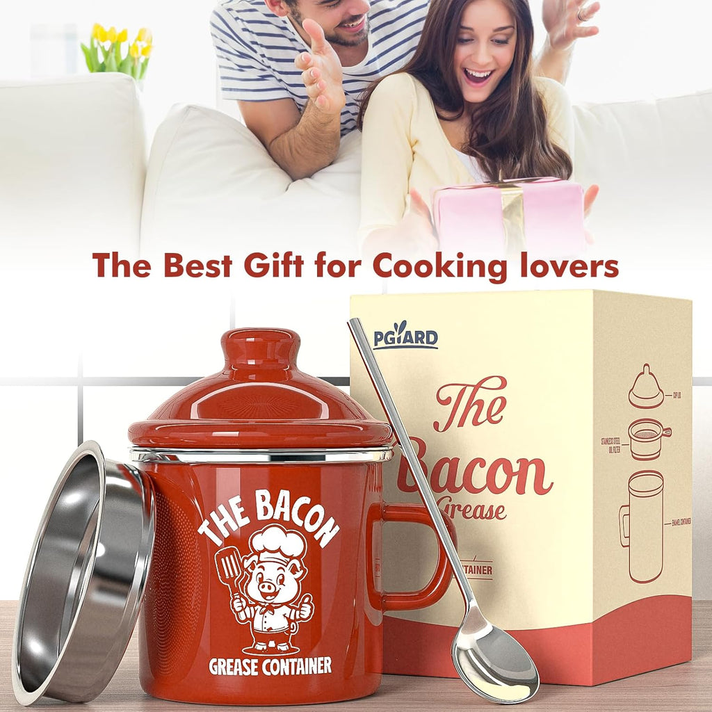 PGYARD Mini Bacon Grease Saver - 15oz Enamel Container with Strainer | Farmhouse Kitchen Fat Keeper, Dishwasher Safe - Red