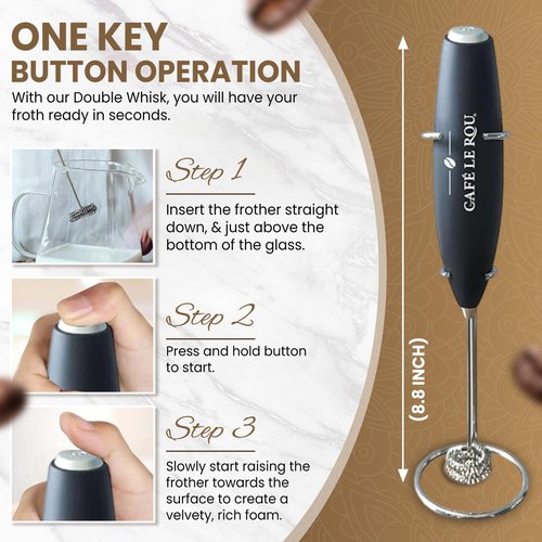 Cafe le Rou Milk Frother Handheld Battery Operated -* DOUBLE WHISK * with Stand. Batteries included. Electric Foam Maker, Drink Mixer with Stainless Steel Whisk