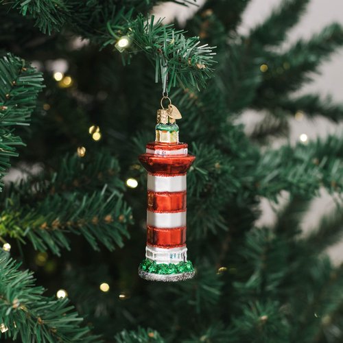 Old World Christmas Hilton Head Lighthouse Glass Blown Ornament for Christmas Tree, Handcrafted Holiday Decoration, Landmarks Collection