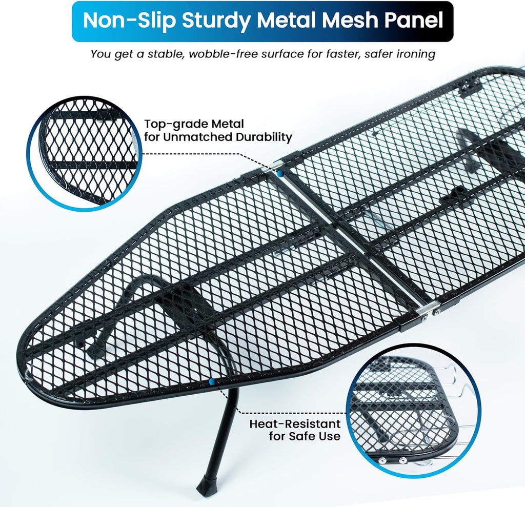 Regine Switzerland Metal Mesh Panel Ironing Board - Foldable Heavy-Duty Design with Heat-Resistant Cover & 100% Cotton Pad (Blue)