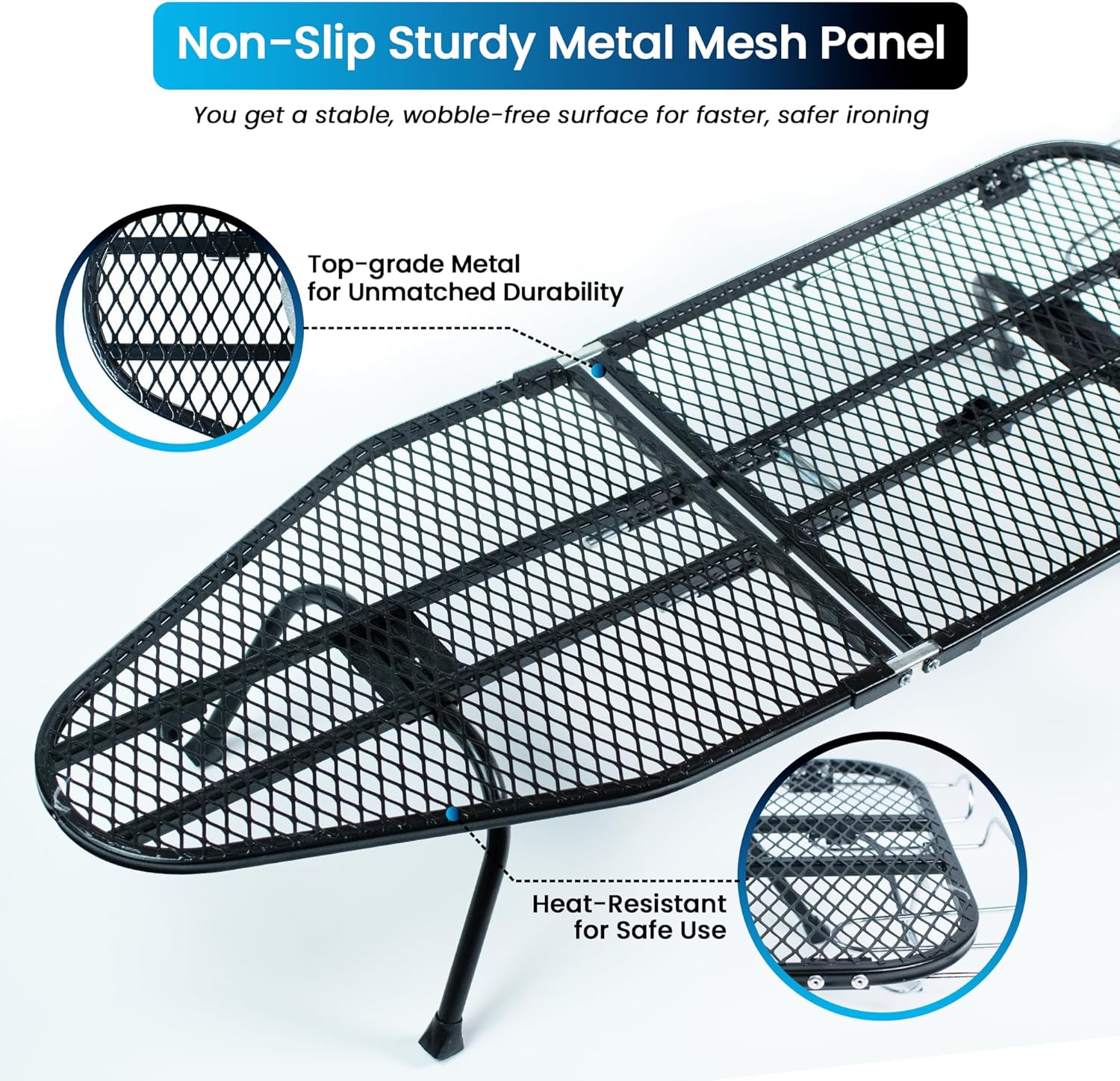 Regine Switzerland Metal Mesh Panel Ironing Board - Foldable Heavy-Duty Design with Heat-Resistant Cover & 100% Cotton Pad (Blue)