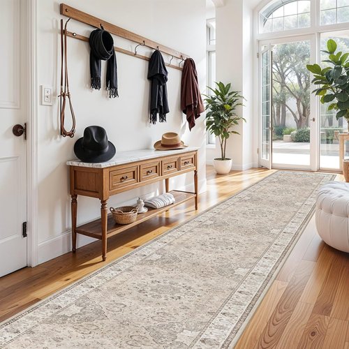 Hallway Washable Runner Rug - Vintage Soft Non-Slip 3x20 Floor Mat for Kitchen & Entryway | Beige