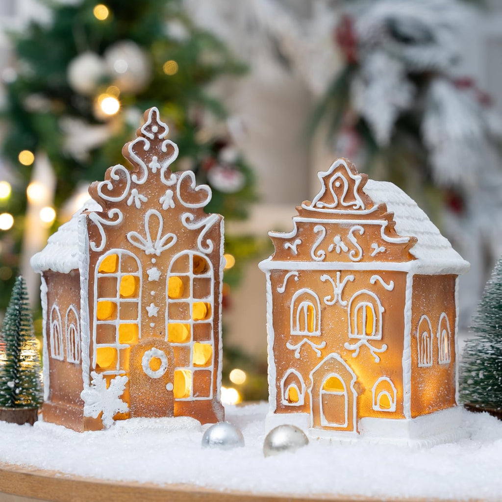 Skiennix Christmas Gingerbread Village House Figurines - Pre-Lit LED Table Decor | 2-Piece Set