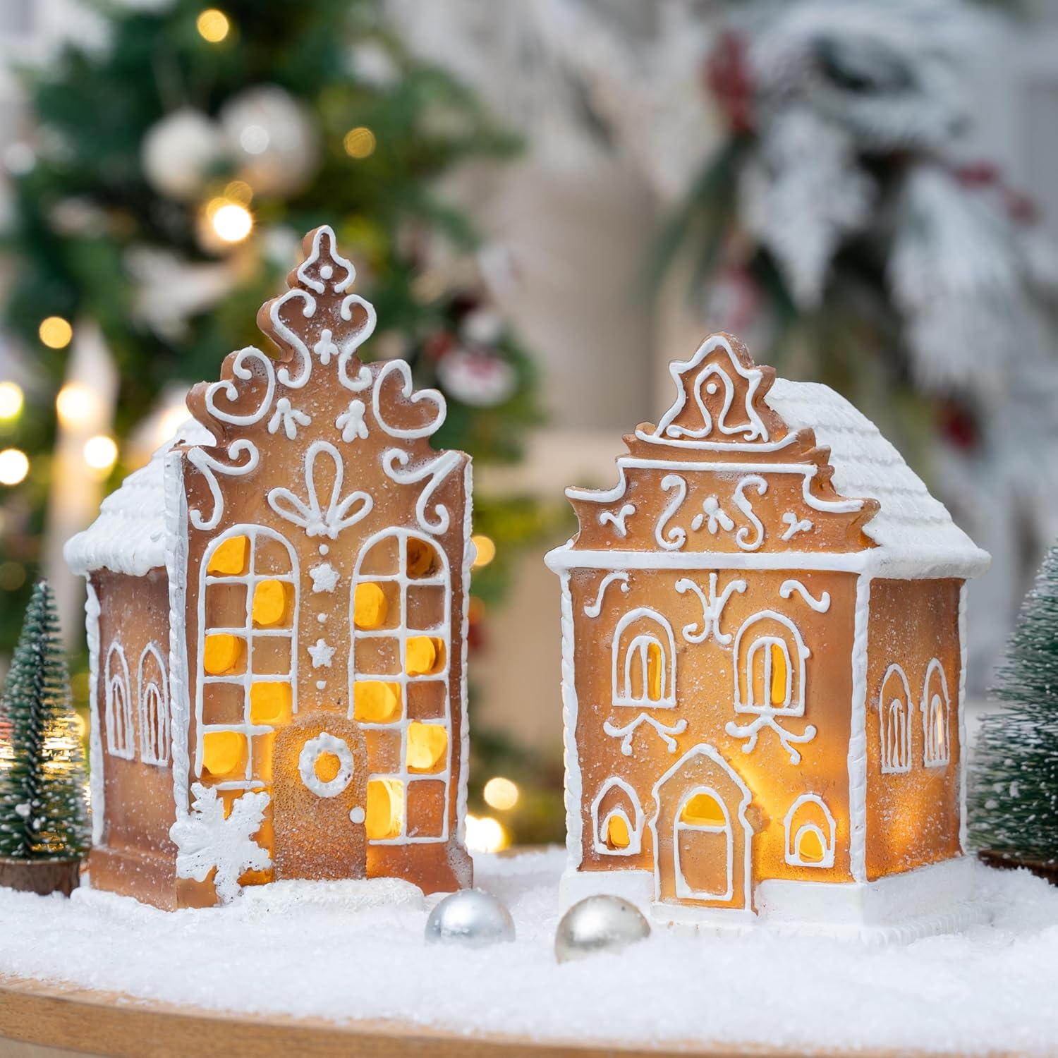 Skiennix Christmas Gingerbread Village House Figurines - Pre-Lit LED Table Decor | 2-Piece Set